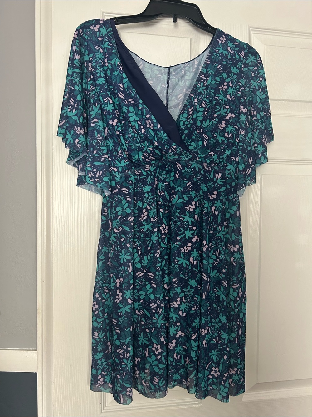 Navy Floral One-Piece Swimdress with Teal & Light Pink Print